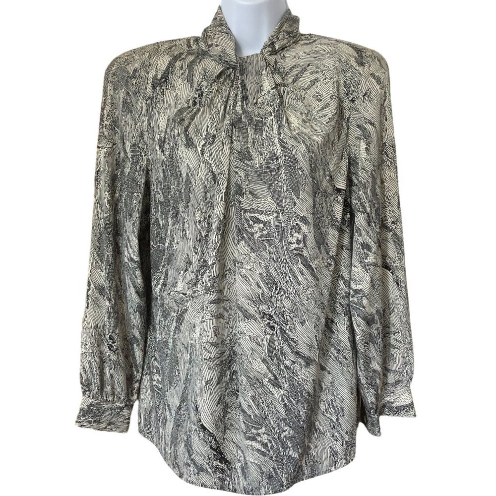 vintage Galinda wang cream black print mock neck blouse academia 80s